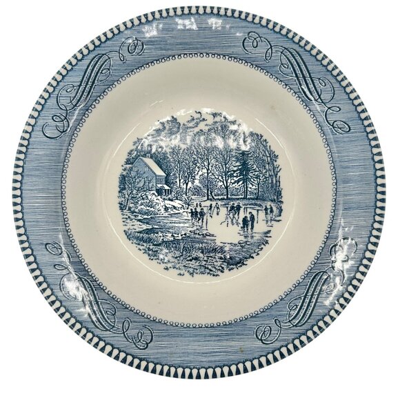 Currier and Ives Early Winter Royal Dinner Bowl 8 inch Blue White Underglaze USA - Picture 1 of 5